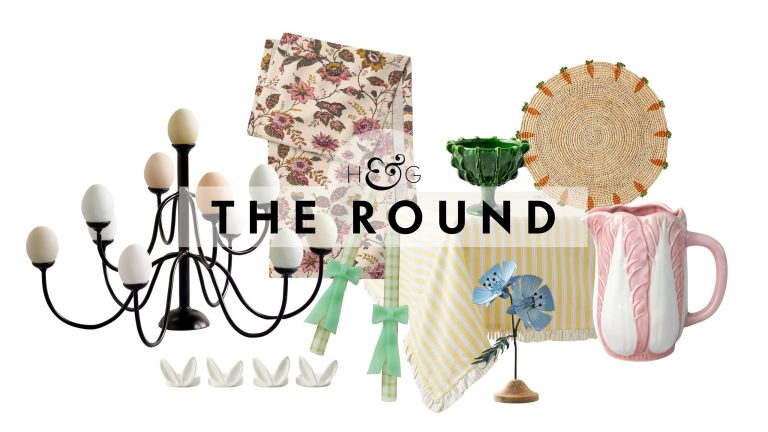 Easter table decor &ndash; including an iron egg candelabra, floral table runner, bunny ear napkin ring set, gingham-and-bow wax taper candles, lettuce-inspired footed bowl, yellow striped tablecloth, iron flower figurine, woven placemat, and pink ceramic pitcher &ndash; pictured against a white background