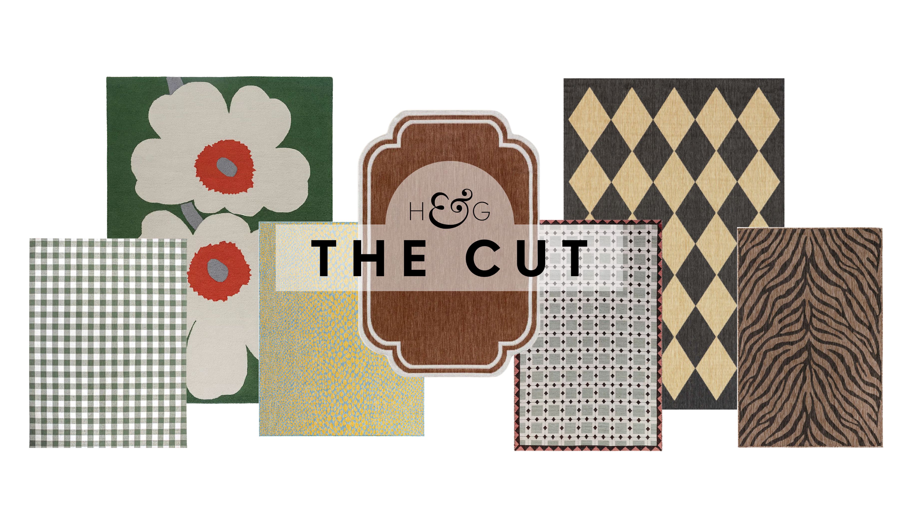 Collage de tapis d'extérieur, dont un tapis floral Marimekko Unikko, un tapis moucheté jaune et bleu sarcelle, un tapis neutre courbé, un tapis géométrique et un tapis à imprimé losange, photographiés sur fond blanc.