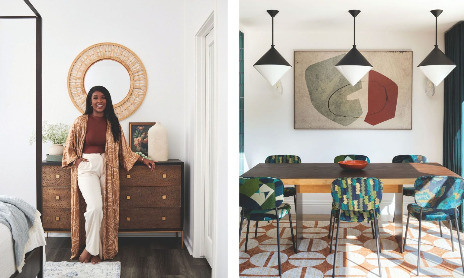 Rencontrez nos prochains gagnants en design : Studio Enass Left: Interior designer Enass Mahmoud stands in a bright bedroom, leaning against a textured wood dresser with a sunburst rattan mirror above. Right: A modern dining room features a dark wood table, bold teal and green patterned chairs, and three cone-shaped pendant lights.