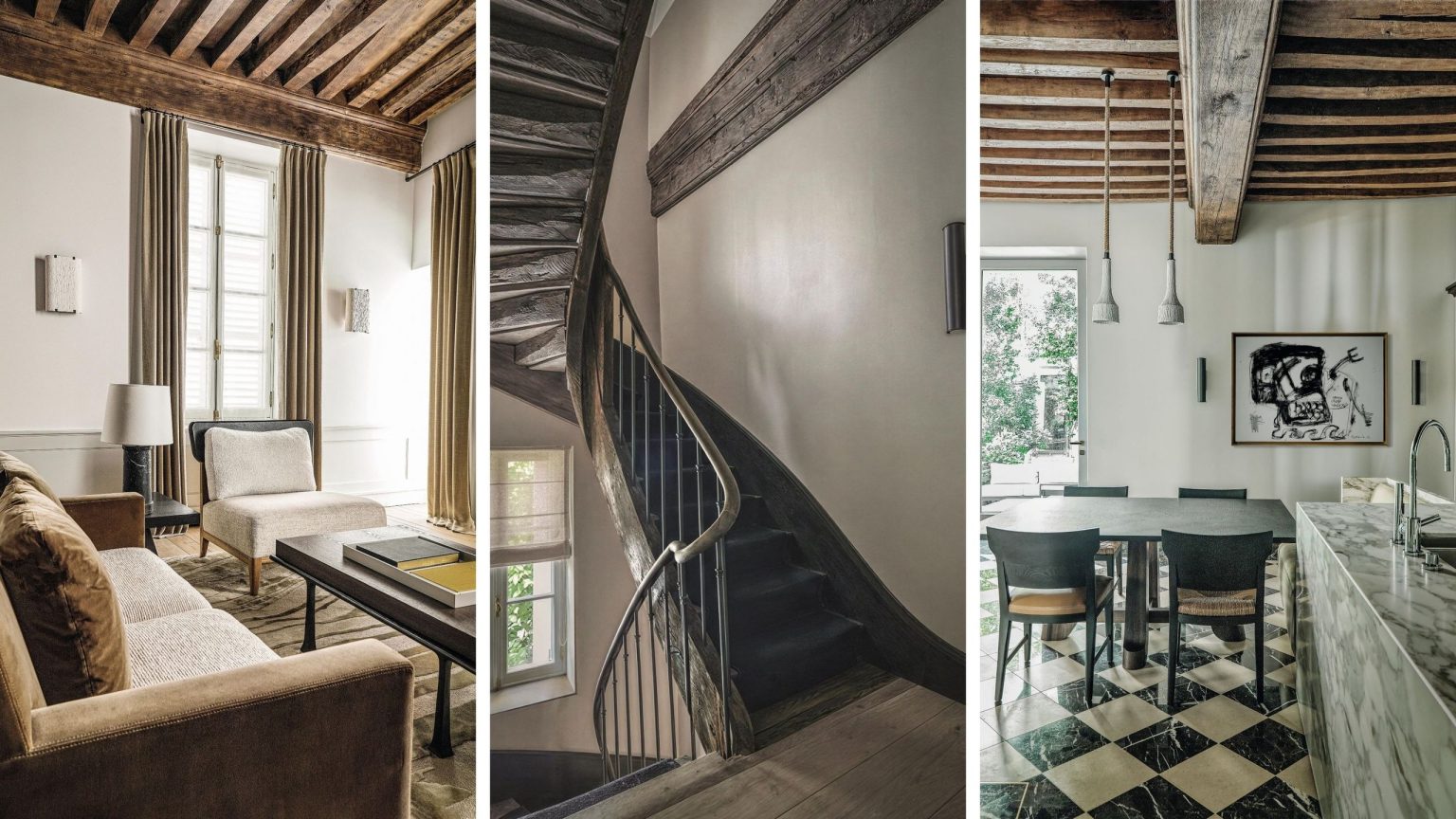 Le secret de cette maison de ville française vieille de plusieurs siècles réside dans une rénovation que vous ne pouvez pas réellement voir – « elle méritait de la retenue » a centuries-old French townhouse designed for modern owners - trio of images of the living room, staircase, and kitchen