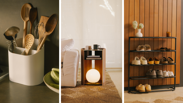 La nouvelle marque de Yamazaki Home adapte le design japonais minimaliste à la vie américaine moderne – et les pièces sont aussi élégantes et épurées que vous l’imaginez. three images featuring homeware products from Apto. The first is a utensil holder, the second is a side table, and the third is a shoe rack