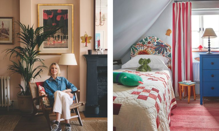 Rencontrez nos prochains gagnants en design : Sophie Garland A split image. On the left, designer Sophie Garland sits in a pink-walled living room with a black fireplace and potted palm. On the right is a vibrant child’s bedroom with a patterned bed, snake toy, and red-and-white curtains.
