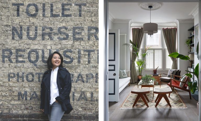Rencontrez nos prochains gagnants en design : Sandra Flashman Studio An image featuring two sides: on the left, a smiling Sandra Flashman stands against a distressed brick wall with vintage text; on the right, a detailed view of her designed living room with eclectic furniture and plants
