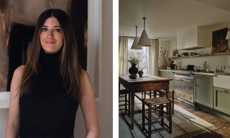 On the left, a portrait of smiling interior designer Rachael Gowdridge wearing a black turtleneck. On the right, a photograph of a curated, rustic-style kitchen with green cabinets, a large professional range, and a wooden farmhouse-style island.