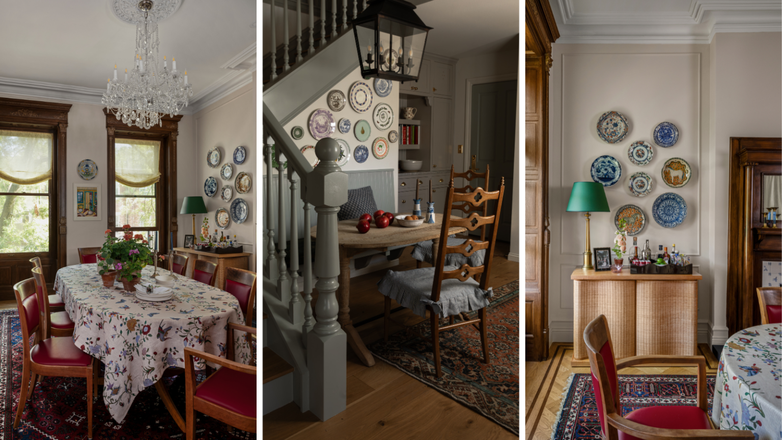 Pas seulement pour manger – 24 assiettes décoratives qui transcendent la table et servent de style dans toute la maison a set of three images of traditional interiors with plates hanging from the walls