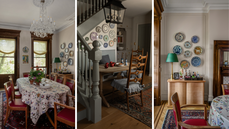 a set of three images of traditional interiors with plates hanging from the walls
