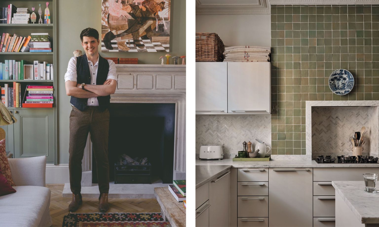 Rencontrez nos prochains gagnants en matière de design : Nefarious Design A diptych showcasing the work of interior designer Adam Knight. The left image is a portrait of Knight, standing with arms crossed, in the detailed living room from Image 0, featuring the stone fireplace and green bookshelves. The right image depicts a contemporary kitchen, designed by Knight, with white cabinetry, a green tiled backsplash, and light marble countertops.