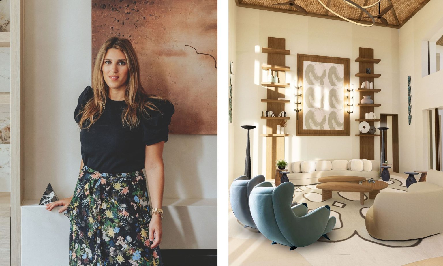 Rencontrez nos prochains gagnants en matière de design : Lucy Goldbart Interior Design A high-ceilinged, contemporary living room designed by Lucy Goldbart featuring a neutral color palette with wood accents. Two curved cream sofas and two teal scalloped armchairs surround organic-shaped wooden coffee tables on a large patterned rug. The focal point is a large abstract wall hanging flanked by symmetrical wooden shelving units and tall, slender floor lamps.