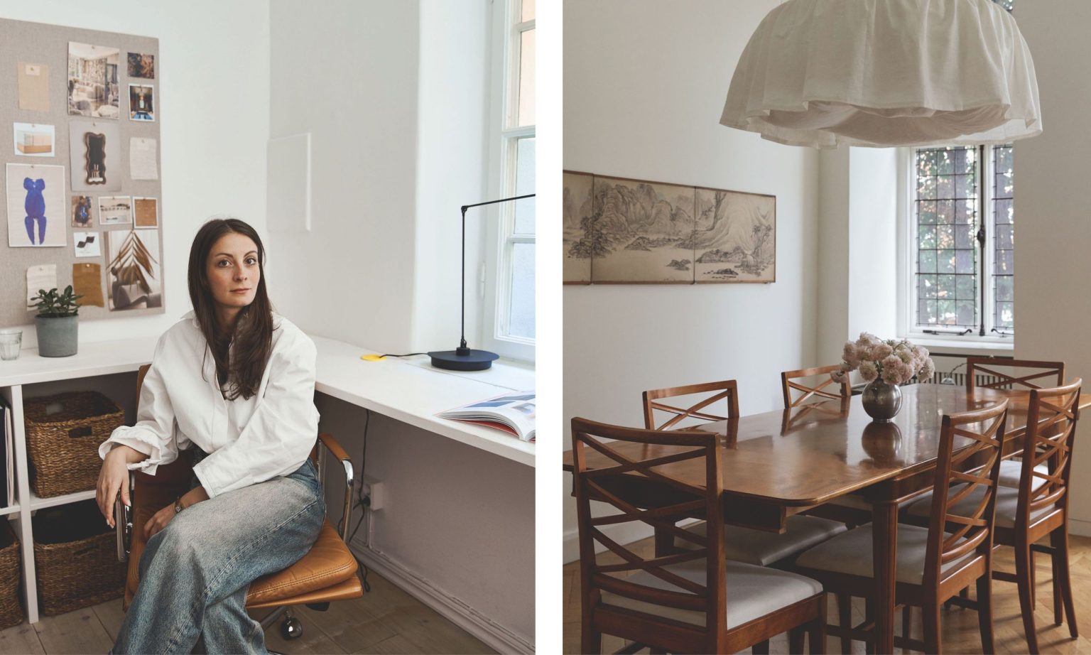 Rencontrez nos prochains gagnants en matière de design : Kavand Interiors Two interior views: on the left, Kavand Interiors designer sits at a bright white desk with a mood board; on the right, a classic dining set with a polished wood table and framed artwork under a linen pendant light.