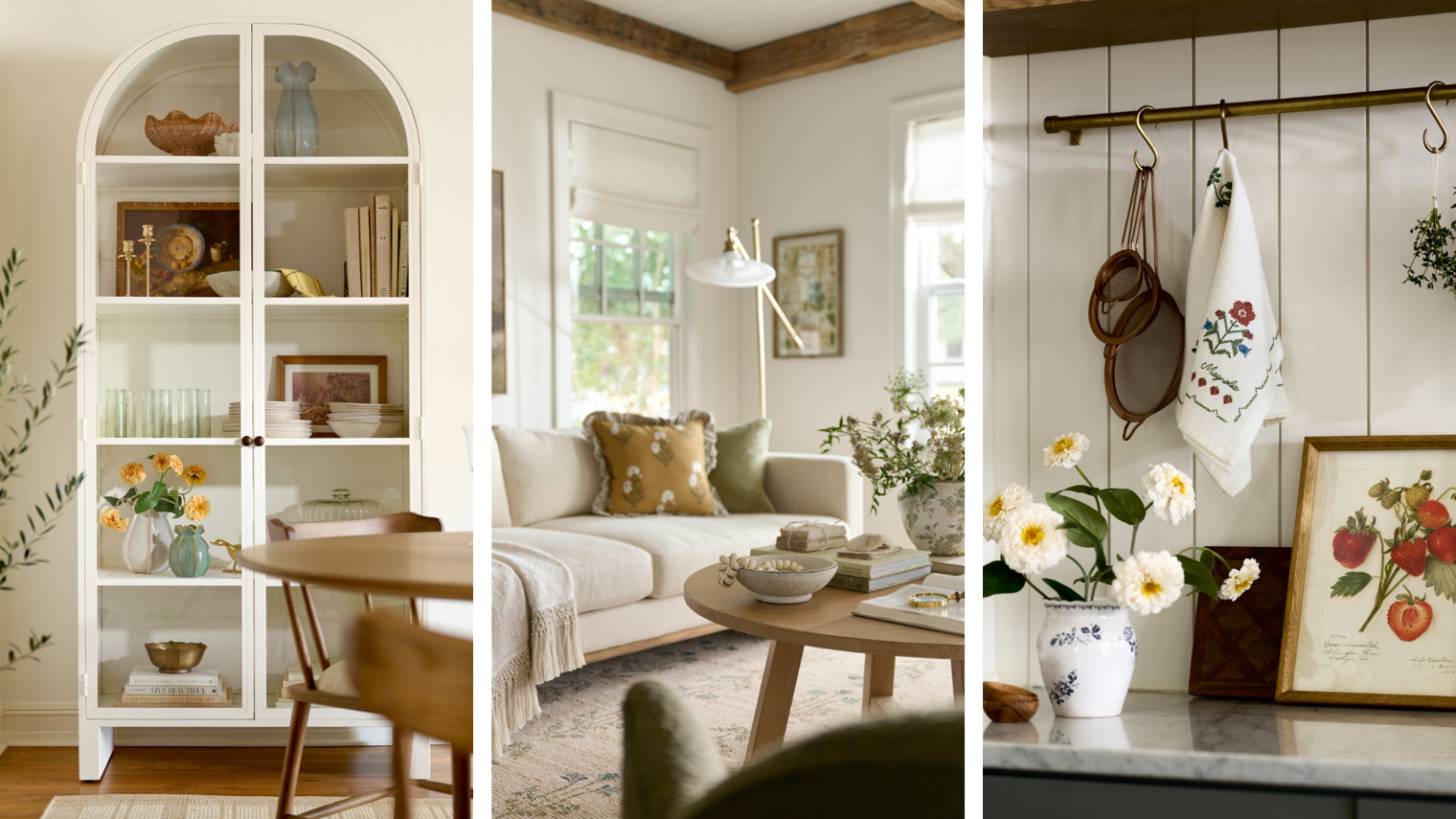 12 incontournables de la nouvelle collection d’été nostalgique de Joanna Gaines a set of three interior images, the first features a hutch with decor inside, the second is a living room with pillows and decor, and the third is a kitchen countertop with decor and a pot rack