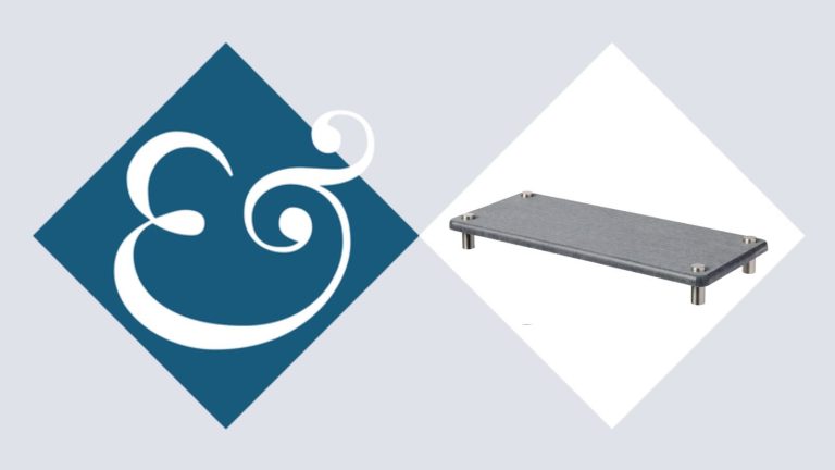 Gray Joie stone sink caddy from Aldi on a blue and white Homes &amp; Gardens ampersand logo background with teal and white diamond template