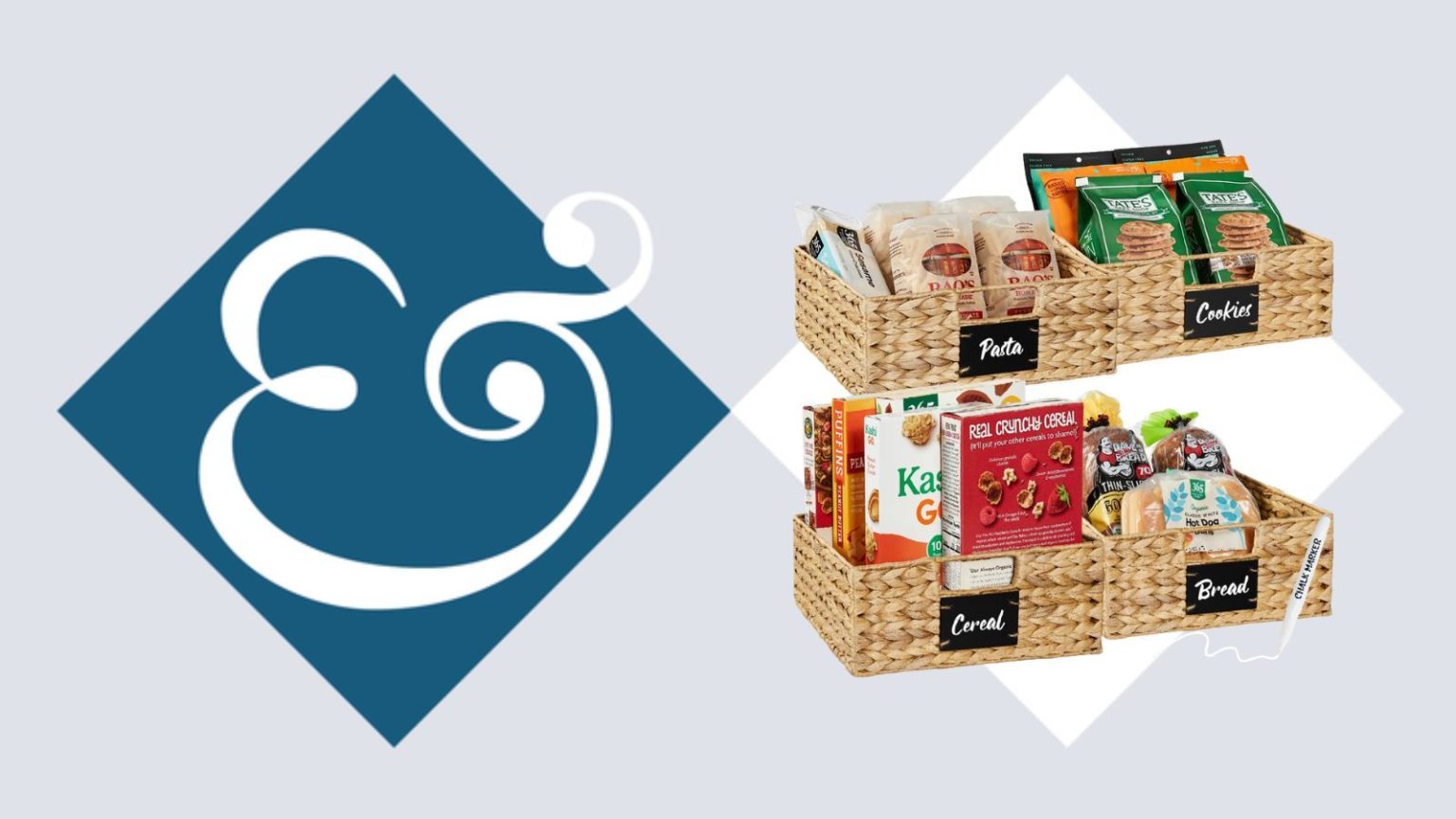 J’échange les paniers de garde-manger en plastique toxique contre des rangements chics tissés à la main – voici pourquoi Hyacinth handwoven baskets with reusable labels on blue and white H&G ampersand background template