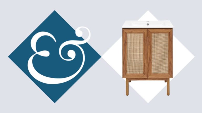 A wooden bathroom vanity on a Homes &amp; gardens-branded background