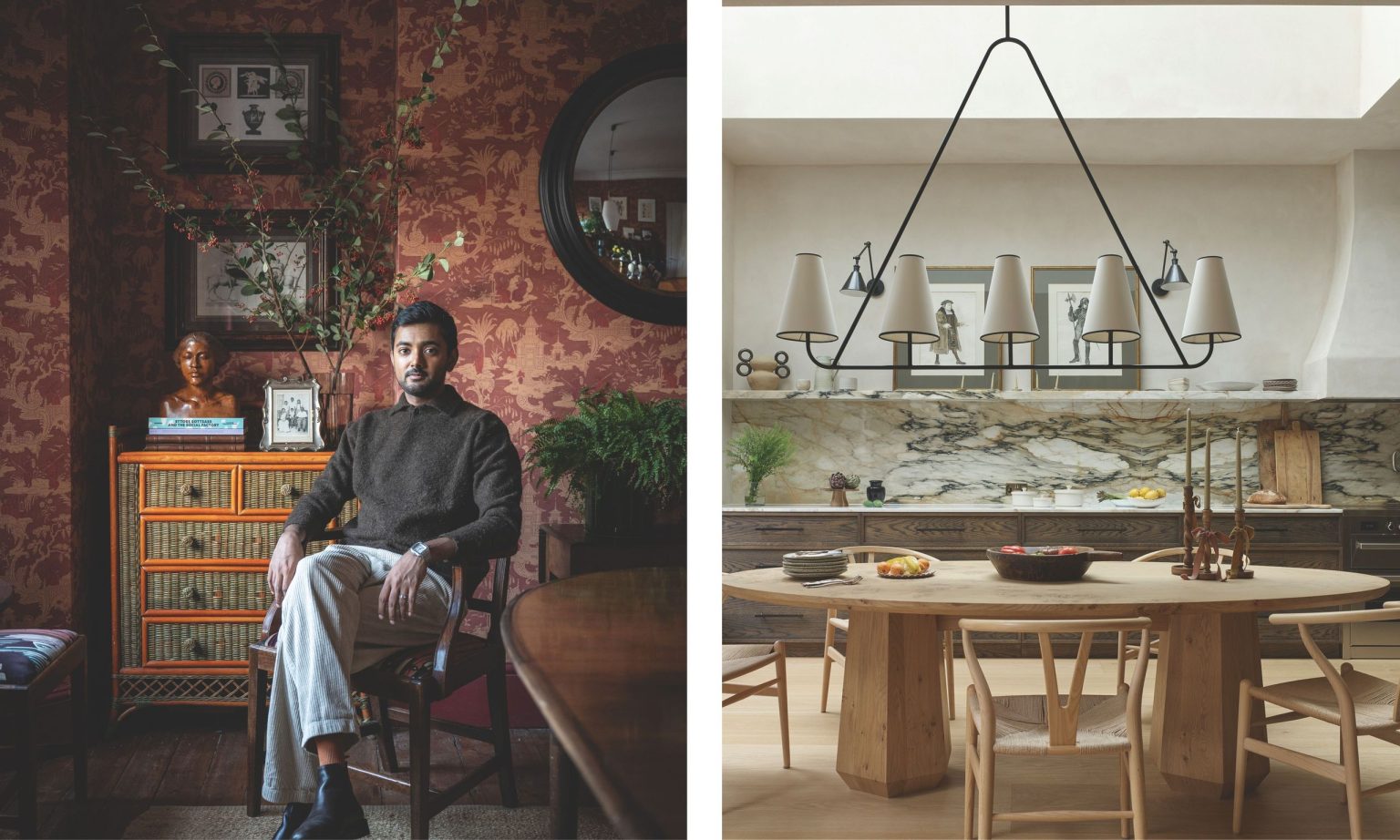 Rencontrez nos prochains gagnants en matière de design : Arall A diptych, featuring Ananth Ramaswamy sitting amongst the antique furniture and intricate wallpaper of a red room on the left, and a long shot of a rustic kitchen with a large, statement chandelier on the right.