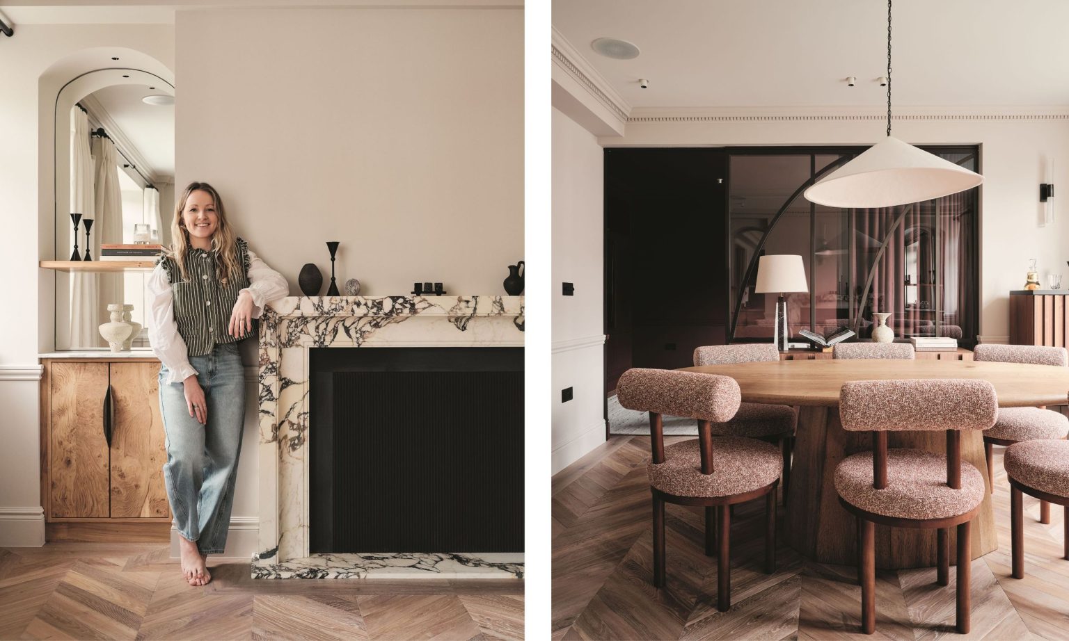 Rencontrez nos prochains gagnants en matière de design : Anna Møller Design Left: Designer Anna Møller leans against a veined marble fireplace. Right: A view of the dining area featuring curved furniture and minimalist architectural details.