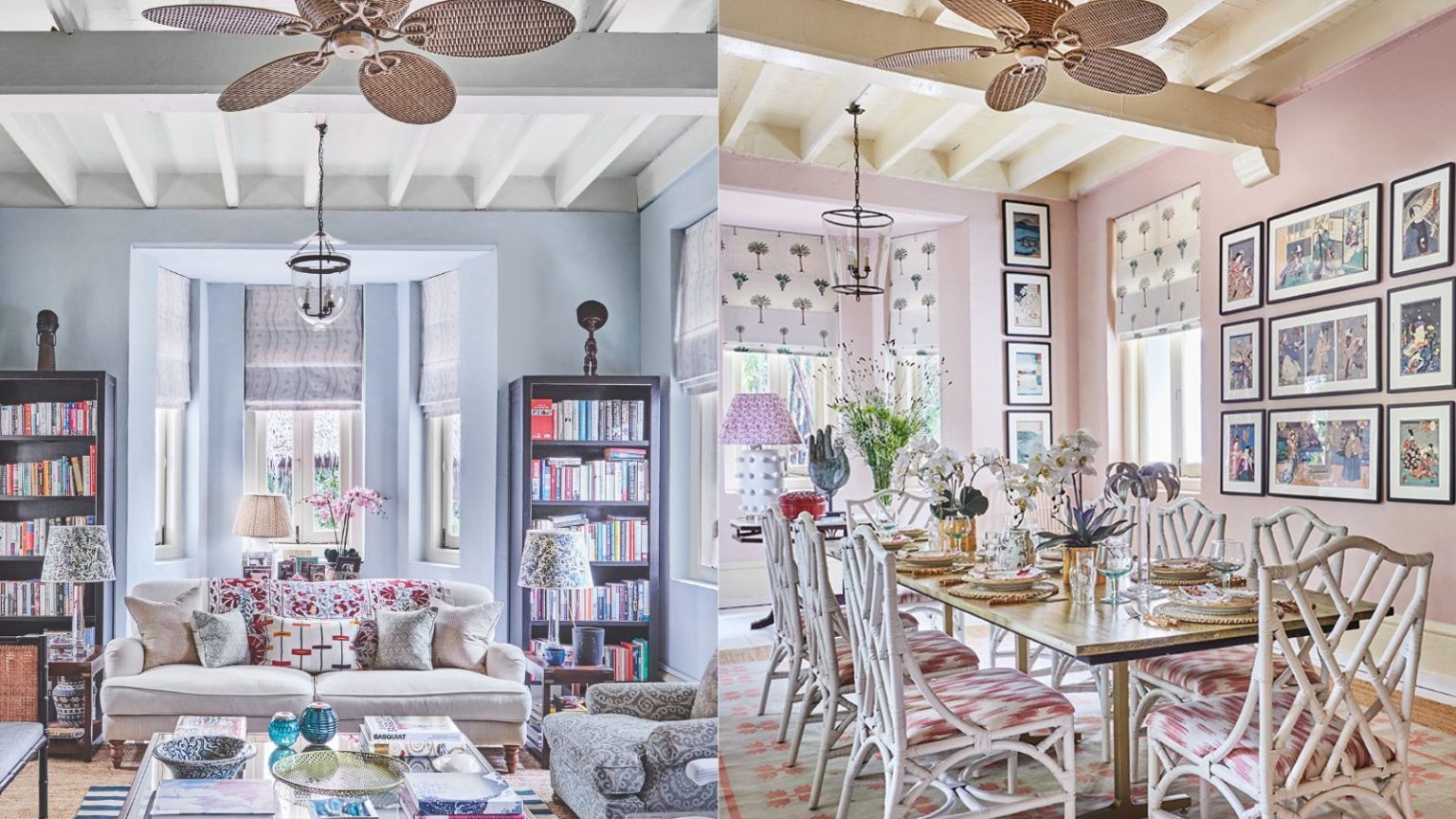 Les ventilateurs de plafond ne doivent pas nécessairement être une horreur – 8 choix approuvés par les designers qui sont réellement chics Pale blue living room with rattan ceiling fan on the left, and on the right, a pink dining room with a rattan ceiling fan