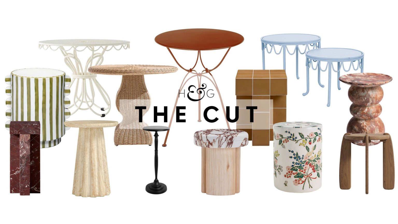 24 tables d’appoint d’extérieur qui apportent une élégance intérieure à votre terrasse Stylish outdoor side tables, featuring sculptural, painted, and tiled styles, pictured against a white background