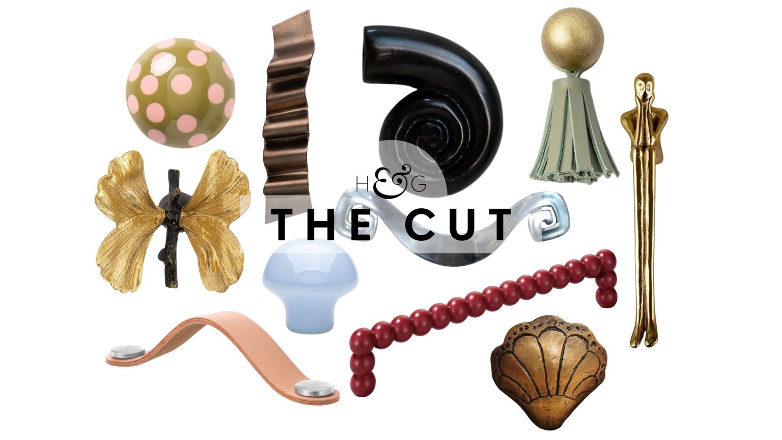 C’est le projet de bricolage le plus simple que vous ferez toute l’année – 16 styles de quincaillerie fantaisie pour donner à des meubles ennuyeux un aspect sur mesure Novelty drawer knobs and cabinet pulls, featuring styles ranging from polka-dotted paint to swirling ceramic forms, pictured against a white background