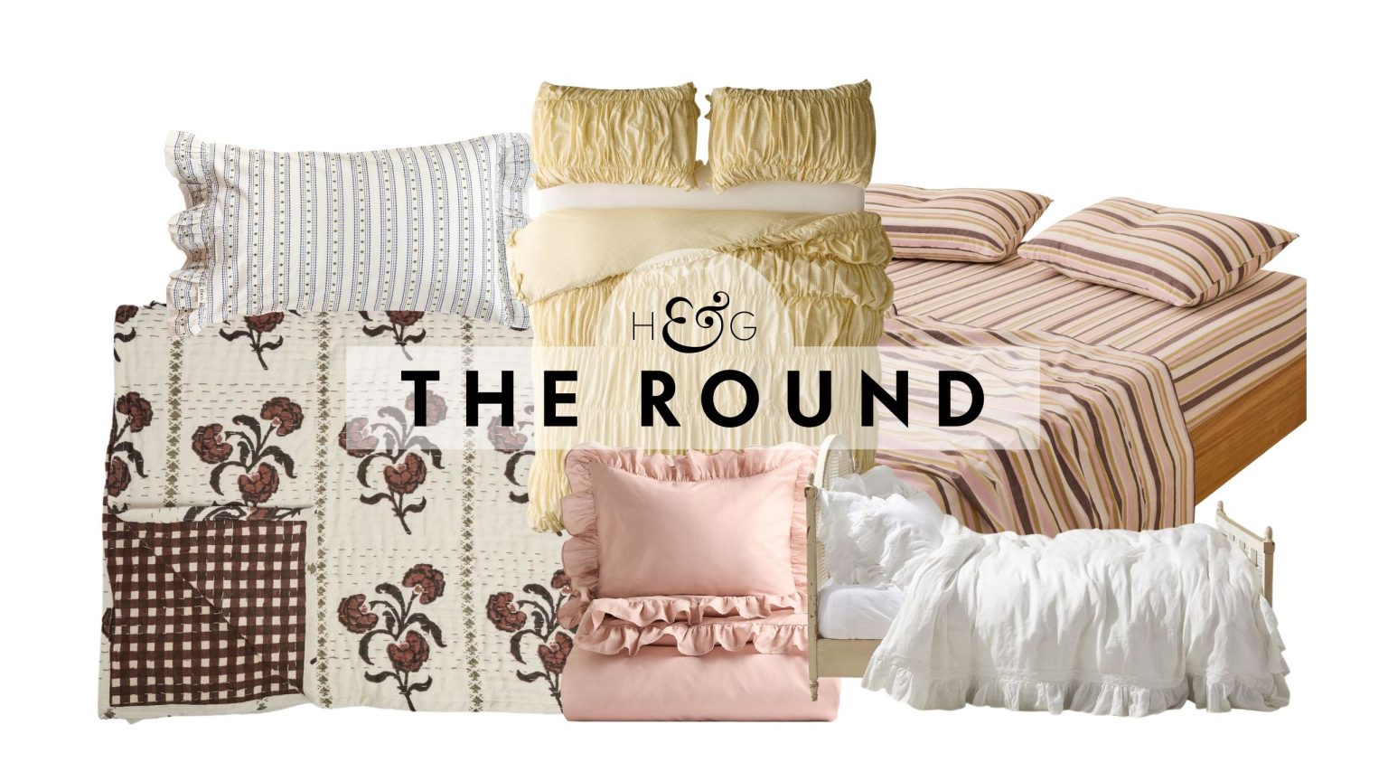 Les designers me préviennent toujours de ne pas économiser du linge de lit. J’ai donc recherché les meilleurs draps d’inspiration vintage qui ressemblent à la pièce (sans les parasites potentiels) Vintage-inspired bedding, featuring floral-print quilted, ruffled shams, and ruched cotton duvets, pictured against a white background