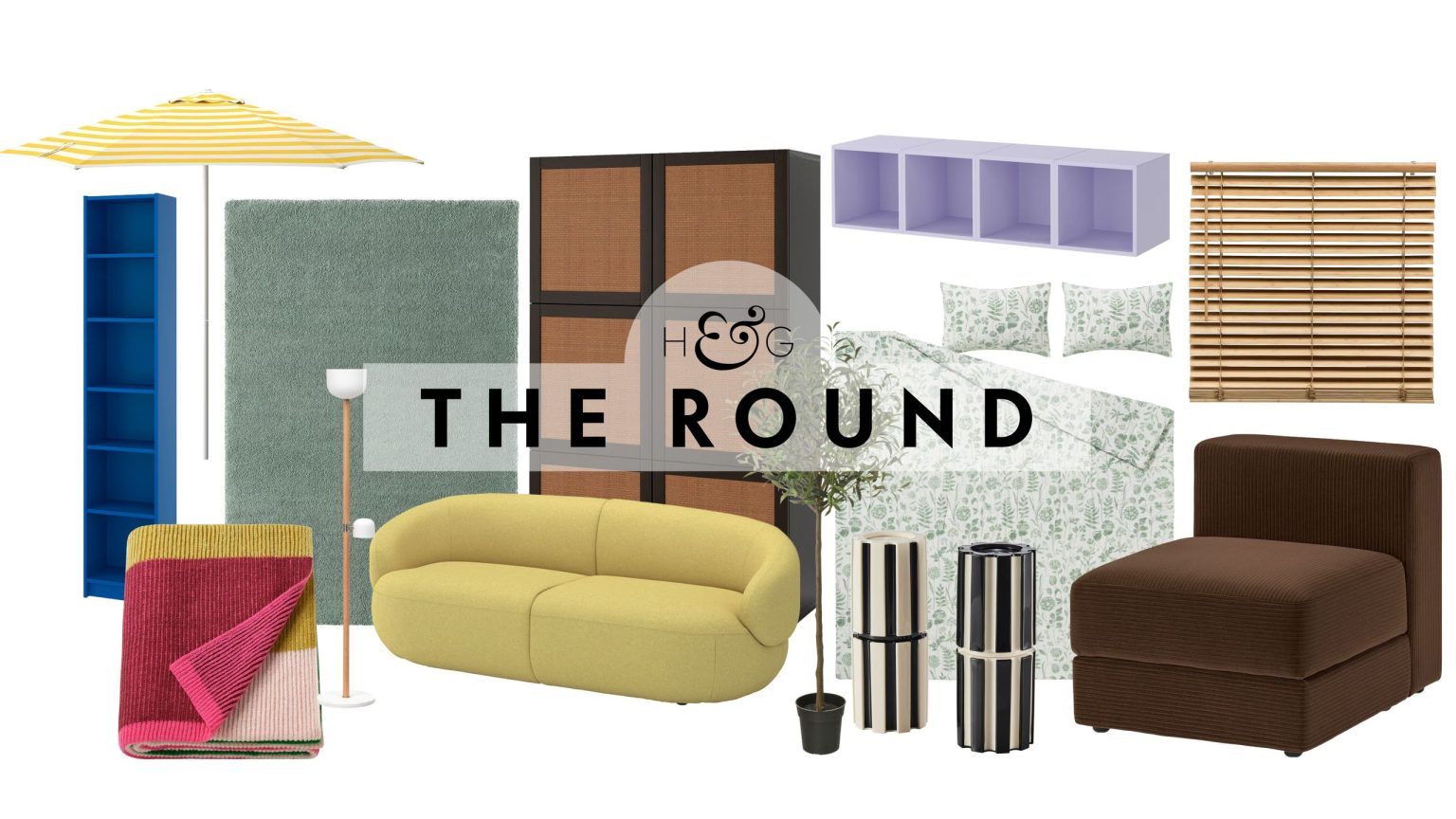 Quoi de neuf chez IKEA pour l’été 2026 ? Des trouvailles de style complexe à un rafraîchissement Blue BILLY, voici les 24 pièces à connaître New summer 2026 IKEA arrivals, including a blue bookshelf, throw, yellow outdoor umbrella, teal rug, curved loveseat, storage chest, faux potted tree, and more, pictured against a white background