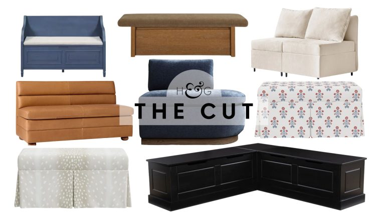 16 bancs de rangement de cuisine qui ajoutent des sièges chics et cachent l’encombrement en un seul geste intelligent Stylish kitchen storage benches, featuring leather, wooden, and fabric upholstered styles, pictured against a white background
