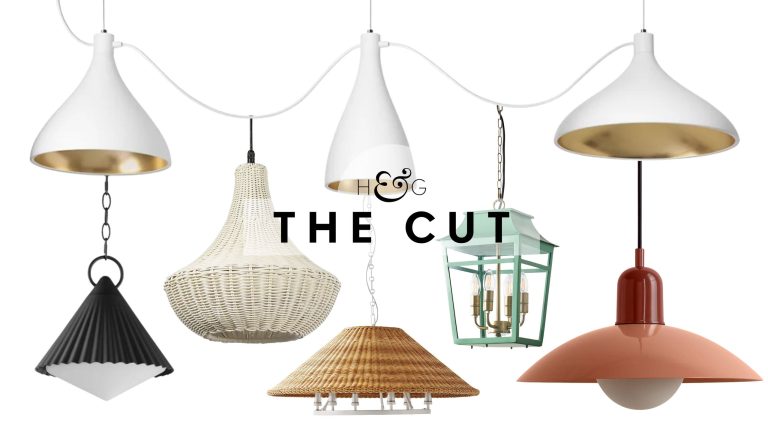 Assorted outdoor pendant lights, including woven, pleated, and colorful resin styles, pictured against a white background