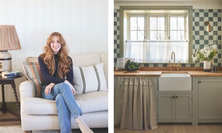 A side-by-side composite image. On the left, designer Tess MacGeachy sits on a beige sofa in front of white paneled walls. On the right, a country-style kitchen features a white farmhouse sink, sage green cabinetry, a checkered tile backsplash, and a brass faucet under a window with cafe curtains.