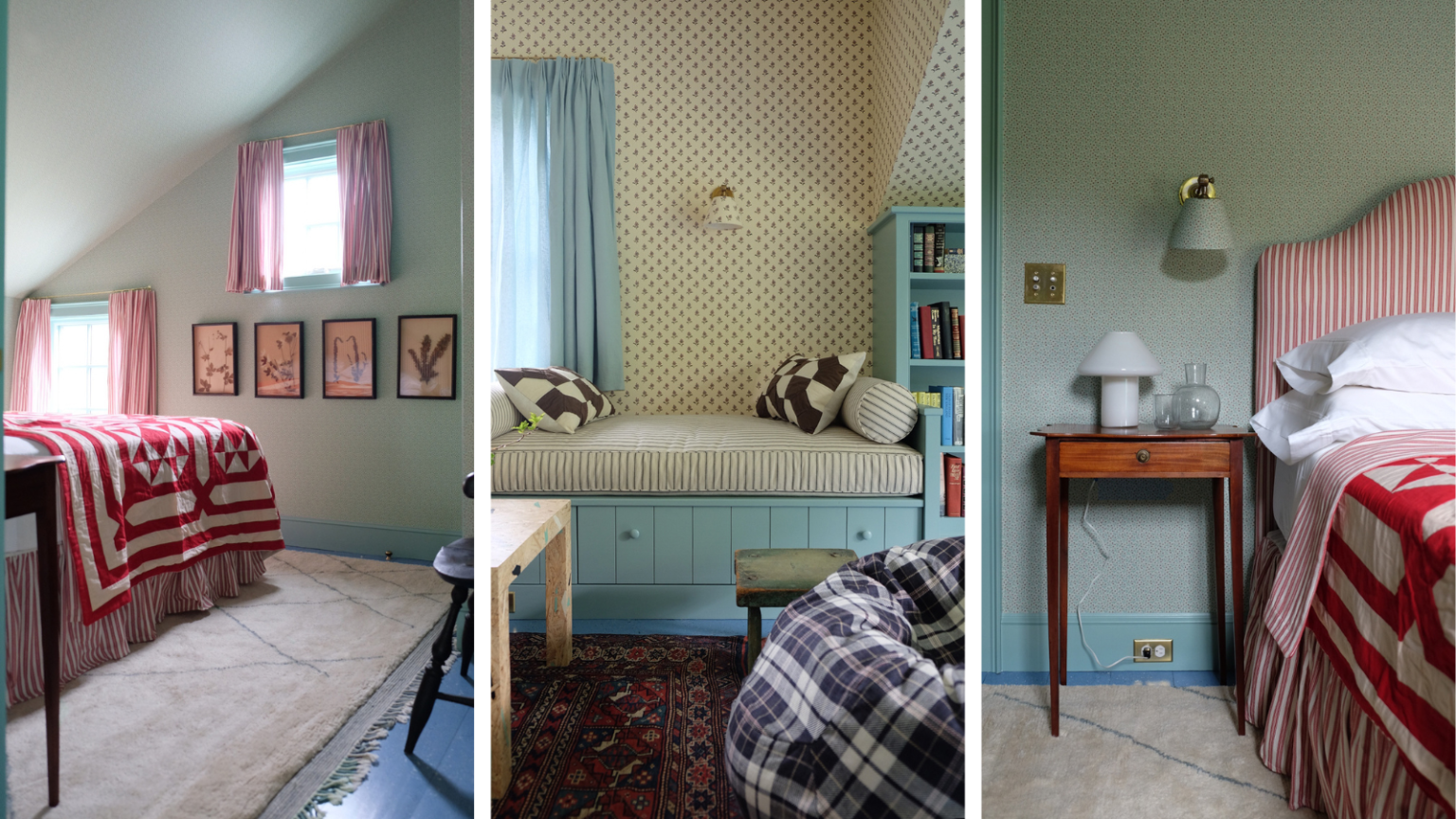 Le patchwork est le motif nostalgique de l’été 2026 – Achetez 20 pièces qui ajouteront un charme d’héritage instantané three interior images of bedrooms with patchwork decor
