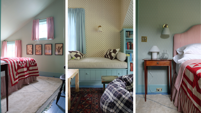 three interior images of bedrooms with patchwork decor