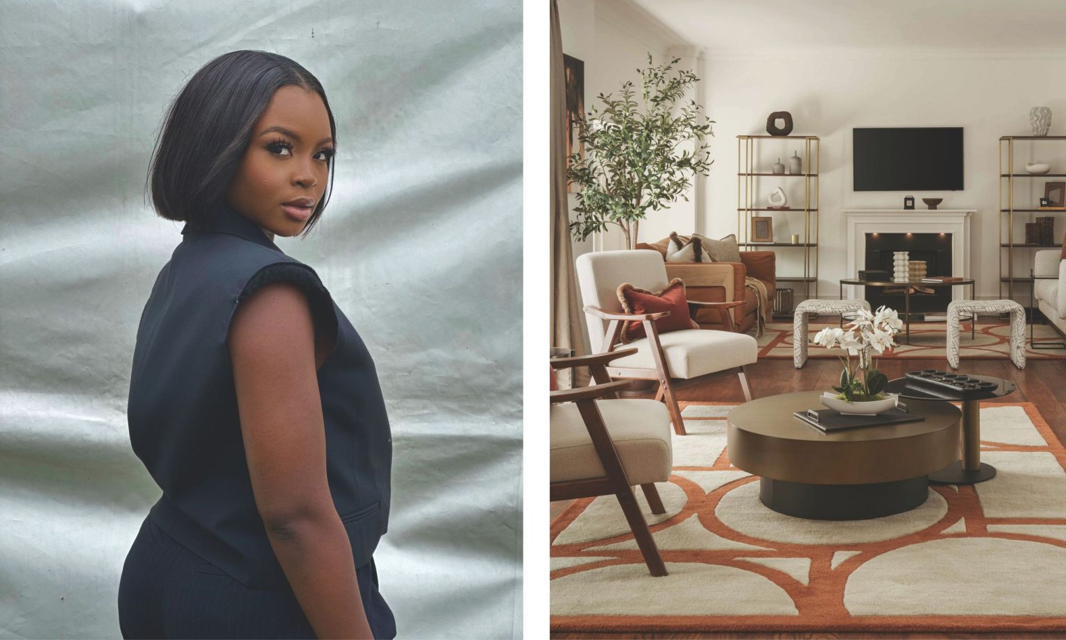 Rencontrez nos prochains gagnants en matière de design : Adura Design On the left, a profile portrait of interior designer Anu Akinyemi with a sleek bob, wearing a black padded vest over a tailored black pinstripe jumpsuit. On the right is a photo of the same modern living room