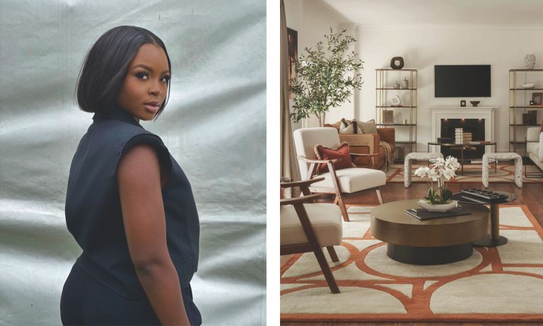 On the left, a profile portrait of interior designer Anu Akinyemi with a sleek bob, wearing a black padded vest over a tailored black pinstripe jumpsuit. On the right is a photo of the same modern living room