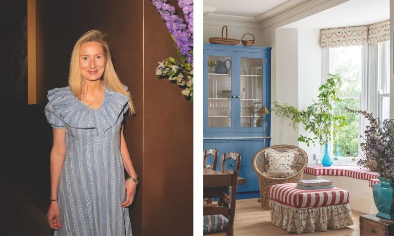 Left: Sarah Southwell stands in a light blue ruffled dress against a metallic bronze wall.Right: A wide shot of a bright dining area showcasing her signature use of bold color, pattern-clashing textiles, and classic wicker furniture.