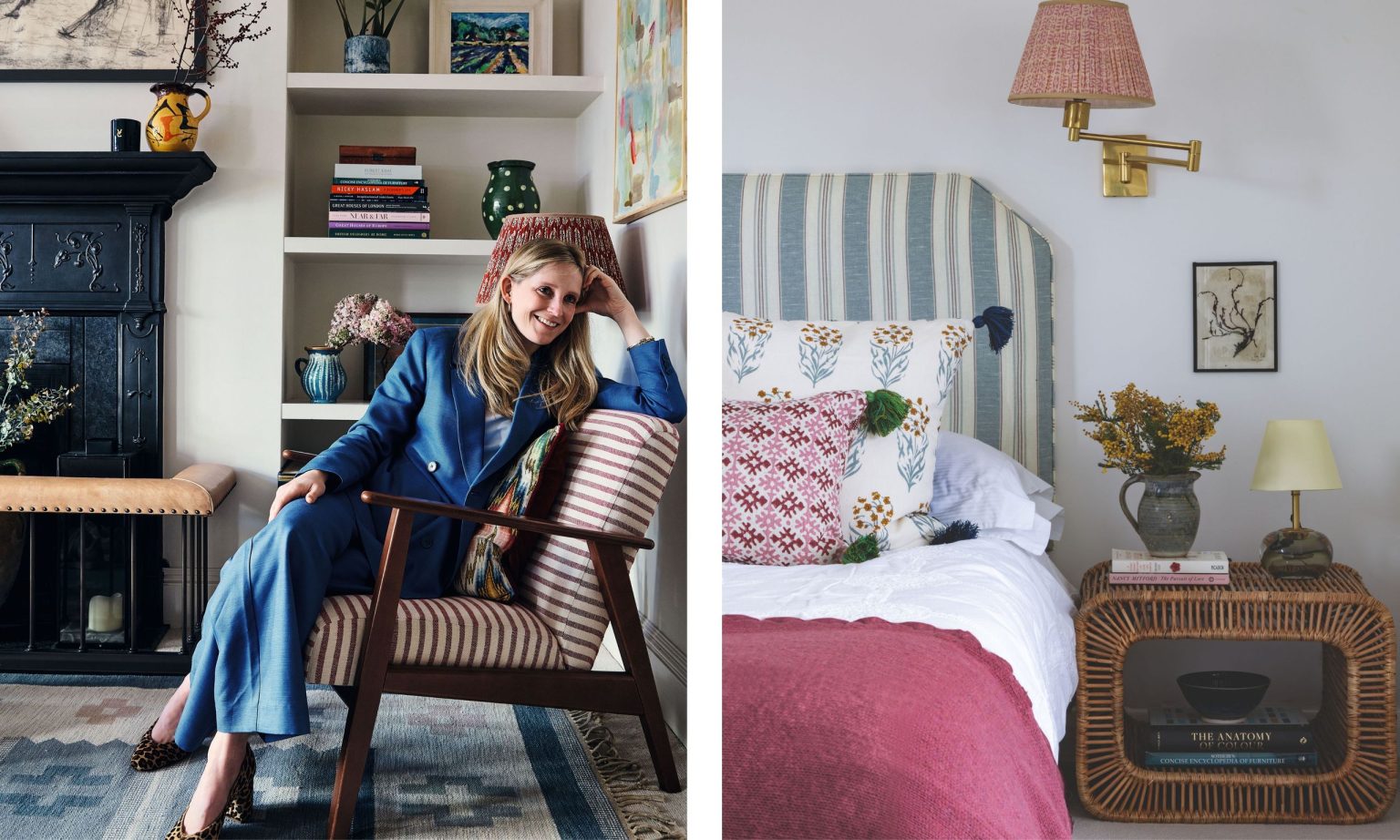 Rencontrez nos prochains gagnants en design : Jessica Adams A split-screen image showing interior designer Jessica Adams in a stylish living area on the left, and a close-up of a vibrant, textured bedroom design on the right.