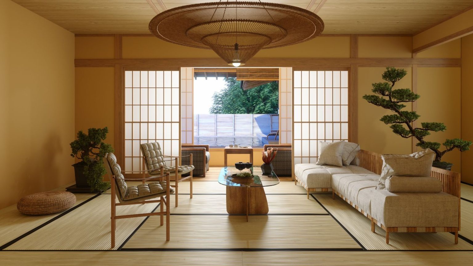 J’ai vu ces tatamis terreux partout au Japon – Ce sont des désodorisants naturels et remplissent les pièces d’un parfum naturel apaisant Japanese Style Living Room Interior With Sofa, Armchair, Coffee Table And Potted Plant
