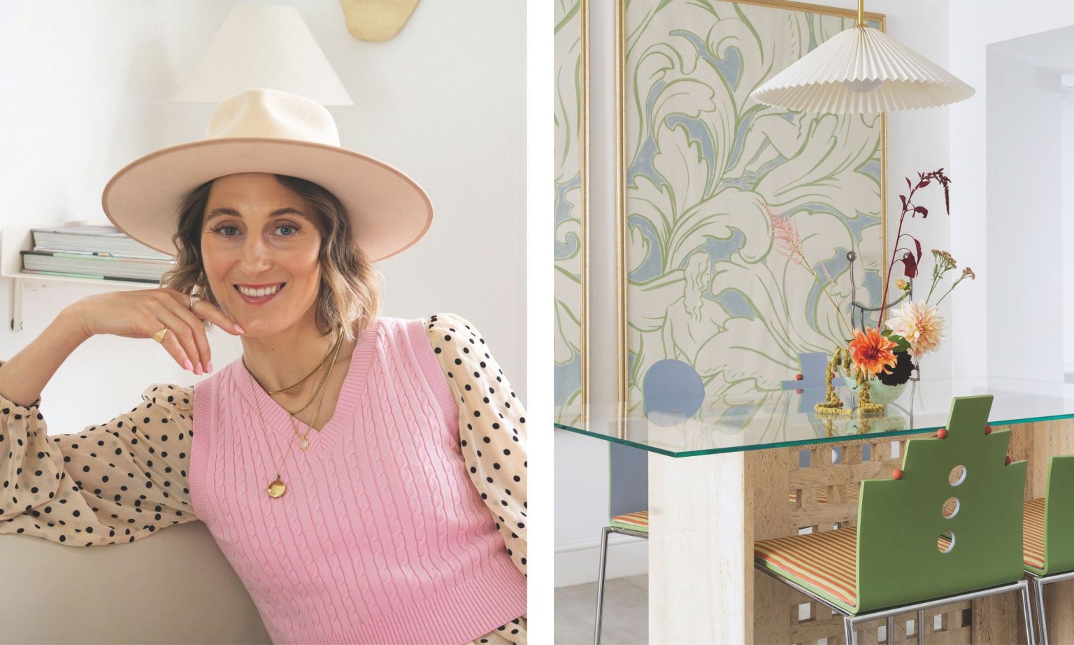 Rencontrez nos prochains gagnants en design : Atelier Akuko Designer Judith Achumba-Wöllenstein in a pink vest and hat next to a dining area with a travertine table, green geometric chairs, and botanical wallpaper.