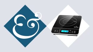 A black portable induction burner in a white diamond, beside a dark blue diamond with an &amp; in it.