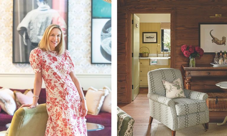 Rencontrez nos prochains gagnants en design : Claire Welsh Design Left: A woman in a floral dress stands in a chic room with patterned wallpaper, large artwork, and a plum velvet sofa.Right: A rustic pantry view featuring a white marble farmhouse sink, brass faucet, yellow cabinetry, and warm wood walls.