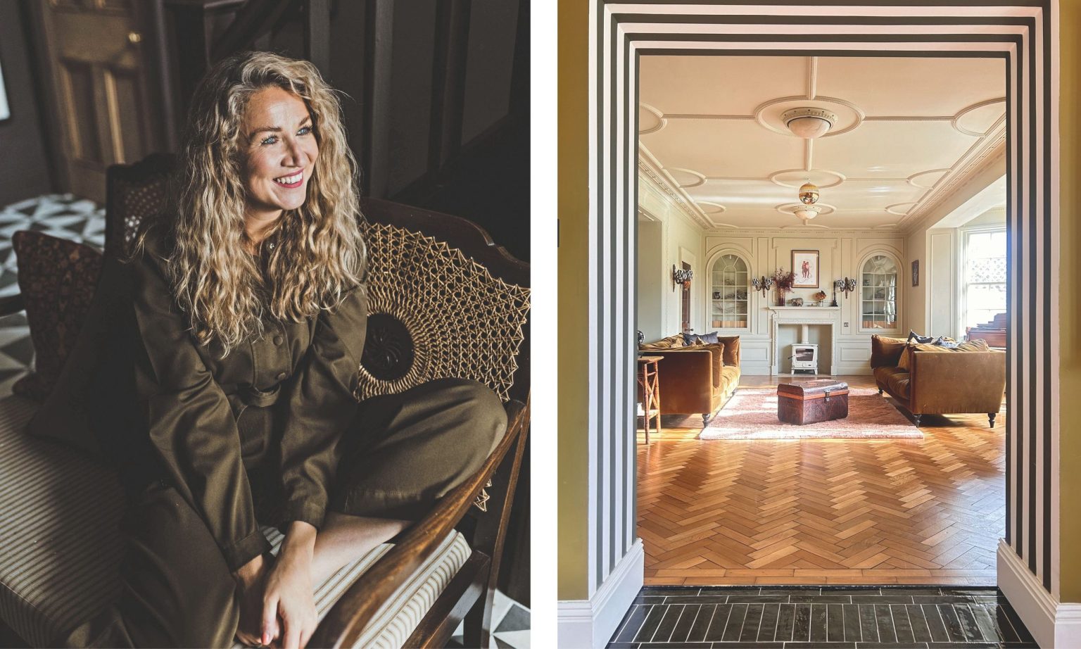 Left: Interior designer Hannah Ellis sits in a woven armchair.Right: A view through a striped doorway into a grand living room with herringbone floors, velvet sofas, and an ornate ceiling.