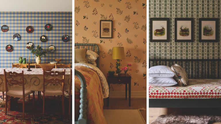 a set of three rooms: first is a dining room with gingham print wallpaper, the second is a bedroom with whimsical floral wallpaper, and the third is a room with green striped wallpaper