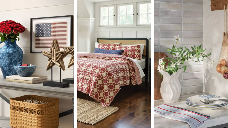 three images: the first of an American-themed console table, the middle of a bed with a red quilt on it, and the last of a countertop with plates and a vase of flowers on it