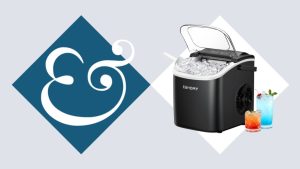A black counter ice maker in a white diamond, beside a dark blue diamond with an '&amp;' inside.
