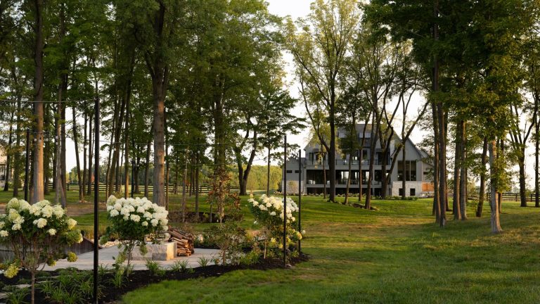Cette maison « du patrimoine intemporel » cache des pièces audacieuses et inattendues derrière son design classique A wide shot of a modern, multi-story farmhouse-style home nestled behind a grove of tall trees, featuring a manicured green lawn and white flowering hydrangeas in the foreground.
