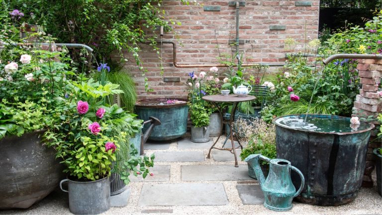 Container garden with concrete pavers and gravel