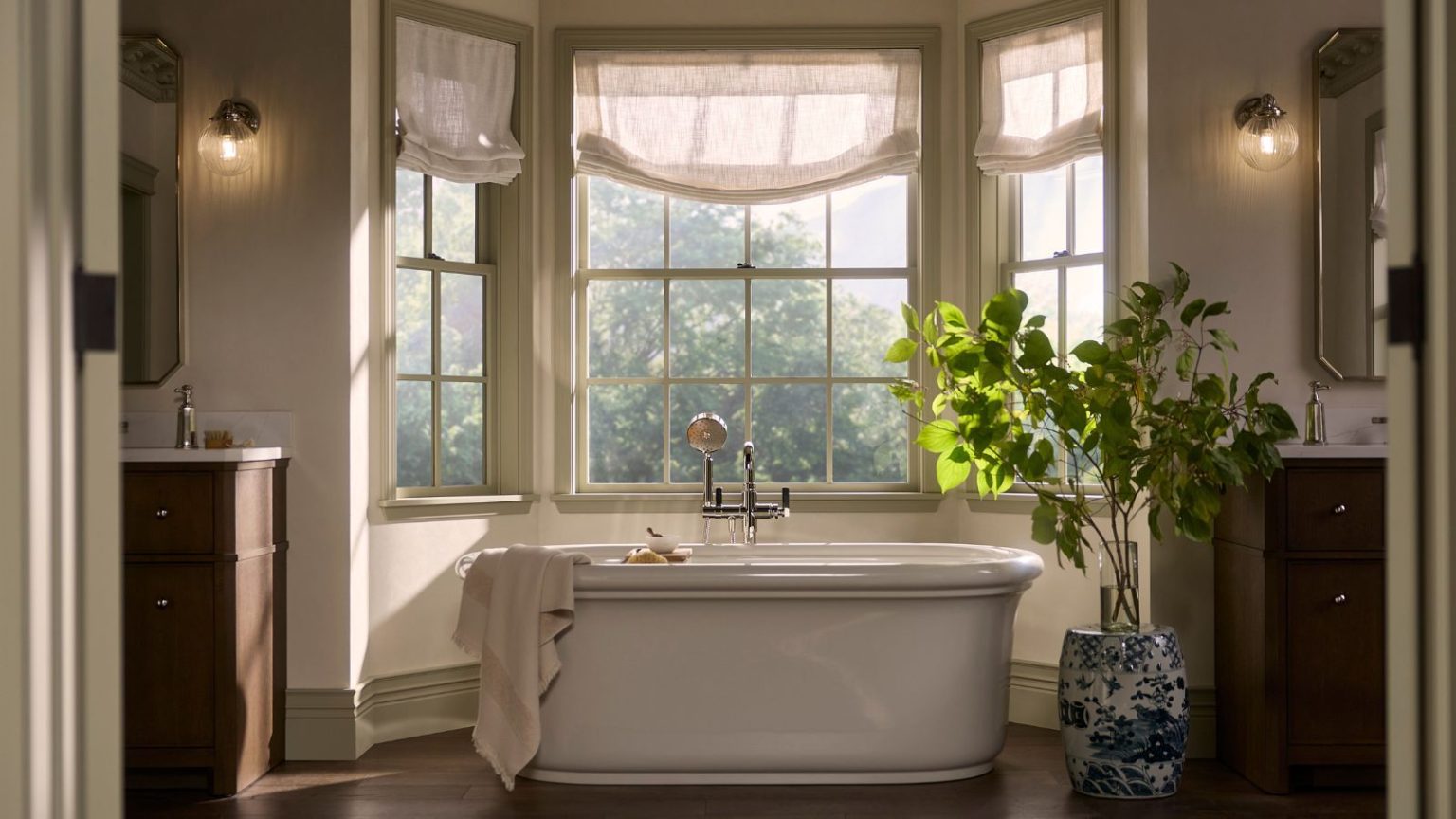 A large bathroom with a freestanding bath in the bay window