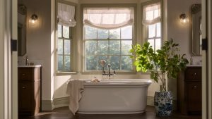 A large bathroom with a freestanding bath in the bay window