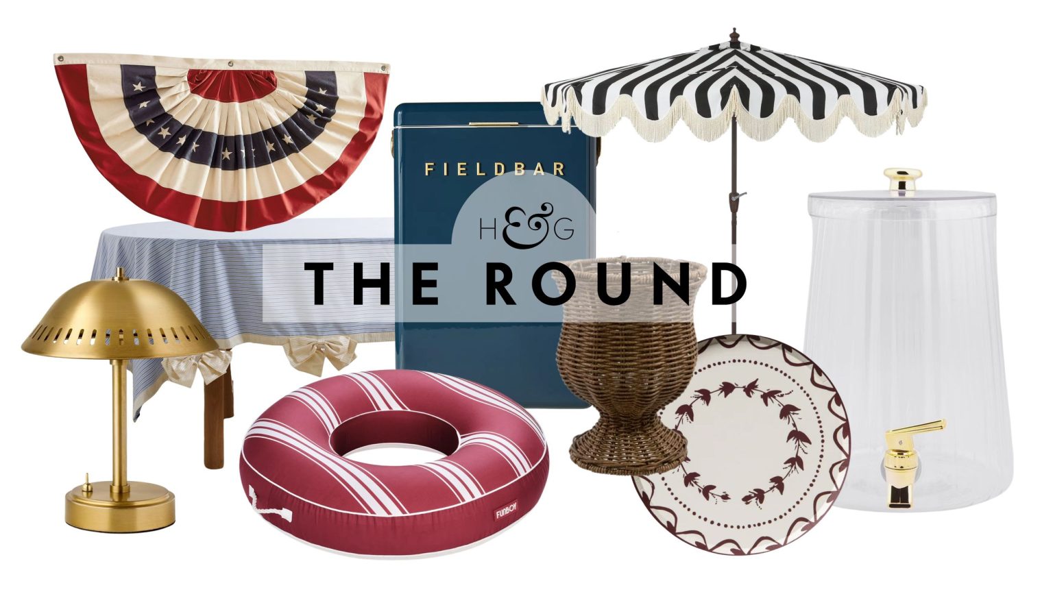 Memorial Day decor, including a portable brass, lamp, striped tablecloth, patriotic bunt, pool float, beverage cooler, woven planter, fringed umbrella, paper plate, and beverage dispenser.