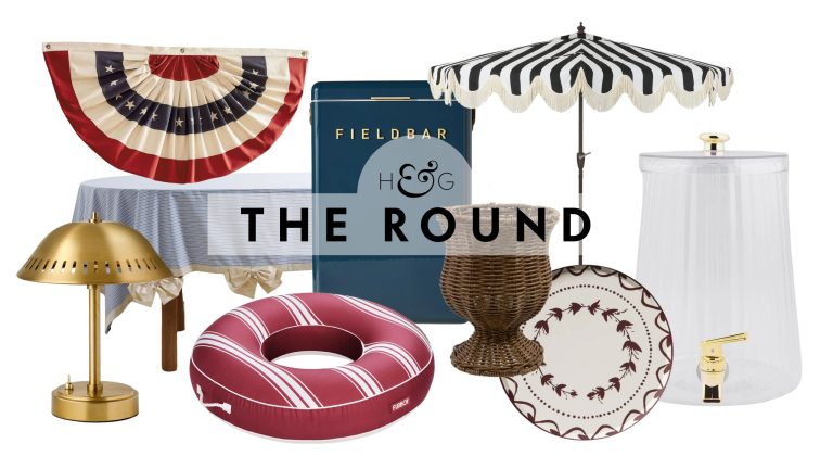 Memorial Day decor, including a portable brass, lamp, striped tablecloth, patriotic bunt, pool float, beverage cooler, woven planter, fringed umbrella, paper plate, and beverage dispenser.