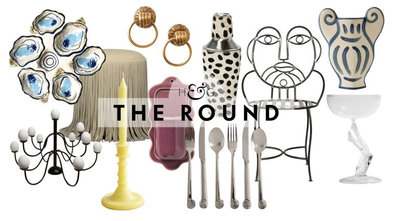 Quirky home decor, including an egg chandelier, oyster plate, hand-motif wall rings, spiral cutlery, and a face-shaped iron chair, pictured against a white background