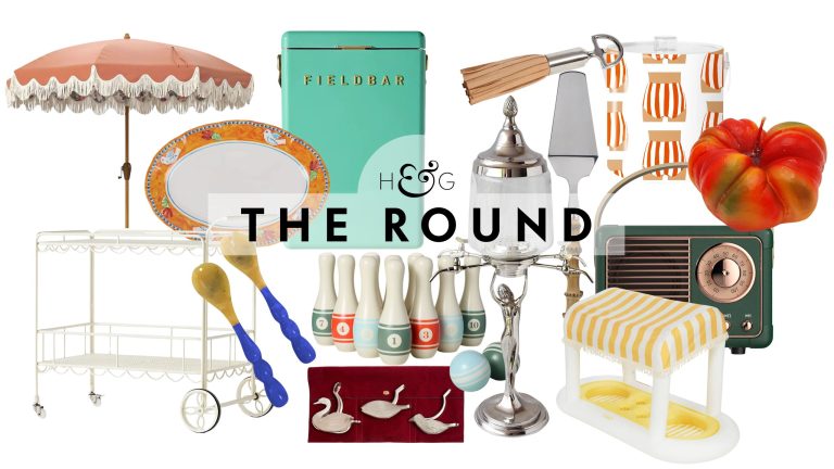 Summer hosting essentials you didn't know you needed, including an outdoor bar cart, swan-shaped lemon squeezer trio, retro drink cooler, and inflatable cabana, pictured against a white background