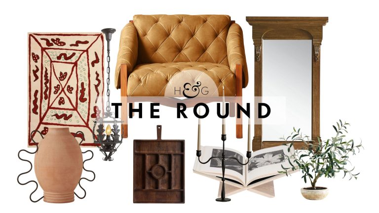 Aimez-le ou détestez-le, la tendance du renouveau toscan des années 2000 est de retour – 16 façons de raviver la romance rustique en 2026 Tuscan revival decor, including a terracotta vase, patterned rug, button tufted leather armchair, rustic serving platter, and pillar accent mirror, pictured against a white background